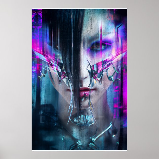 Affiche Glitch Cyberpunk Face Neon Distortion Portrait (Devant)