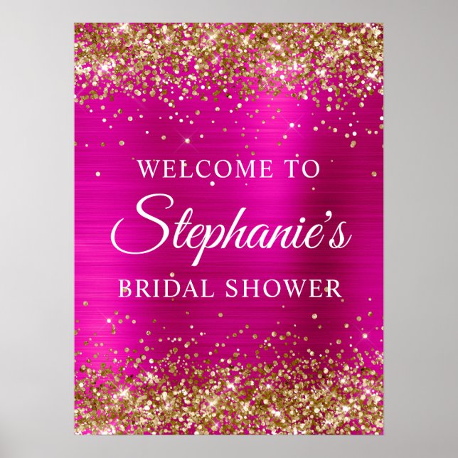 Affiche Glittery Gold Hot Pink Foil Bridal Shower Welcome (Devant)