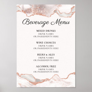 Affiche Glittery Rose Gold White Agate Beverage Menu A4