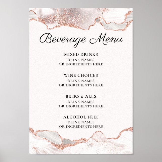 Affiche Glittery Rose Gold White Agate Beverage Menu A4 (Devant)