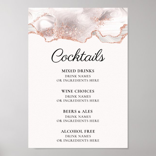Affiche Glittery Rose Gold White Agate Cocktail Menu A4 (Devant)