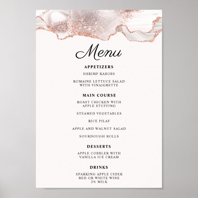 Affiche Glittery Rose Gold White Agate Menu A4 (Devant)