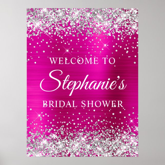 Affiche Glittery Silver Hot Pink Foil Bridal Shower (Devant)
