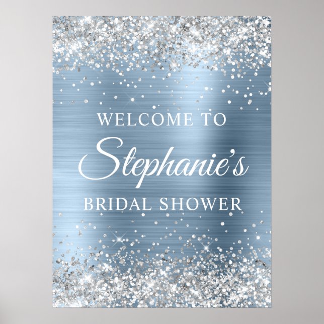 Affiche Glittery Silver Light Blue Foil Bridal Shower (Devant)