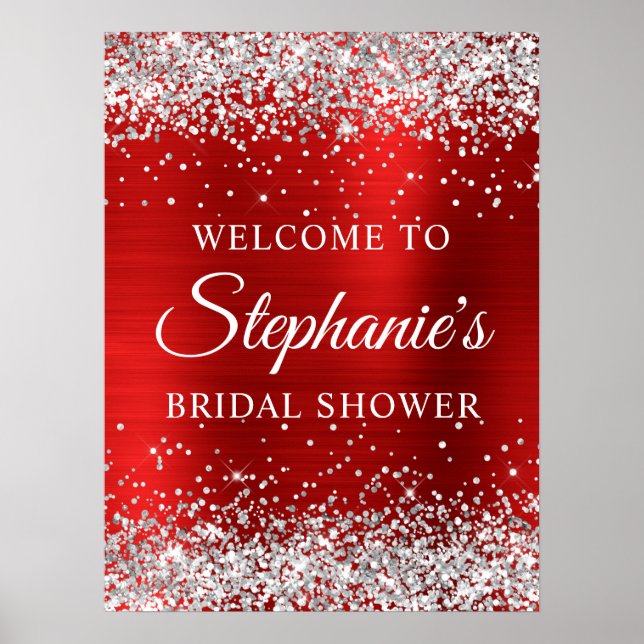 Affiche Glittery Silver Red Foil Bridal Shower Welcome (Devant)