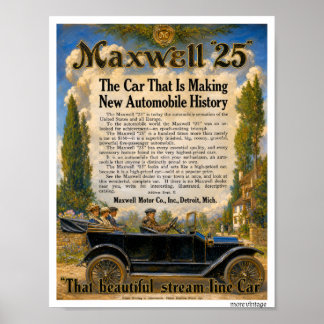 Affiche glorieuse PUBLICITÉ EN COULEURS AUTO MAXWELL c1925