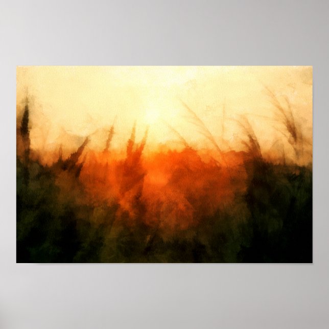 Affiche Glowing wheat field in orange sunset Landscape (Devant)