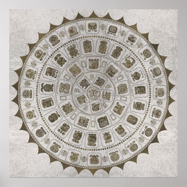 Affiche Glyphes du calendrier maya texture dorée sur pierr (Devant)