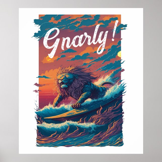 Affiche Gnarly ! Lion Surfer, Personnalisé (Devant)