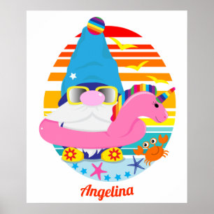 Affiche Gnome de plage mignon avec gonflable licorne
