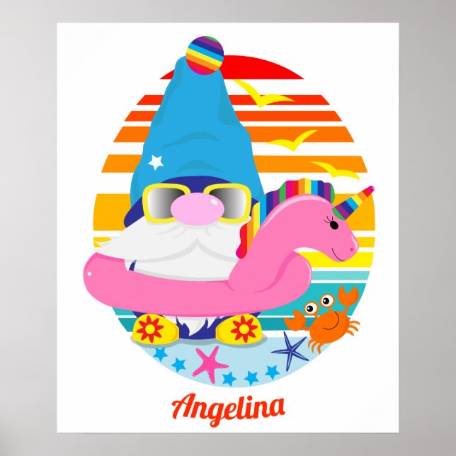 Affiche Gnome de plage mignon avec licorne gonflable (Devant)