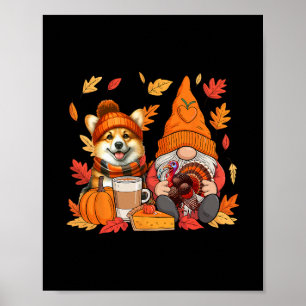 Affiche Gnome Dinde Corgi Action de grâce Feuilles d'autom