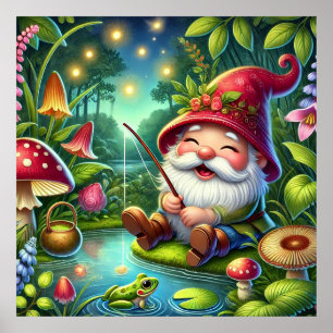 Affiche Gnome Fantaisiste Pêchant dans une Forêt Magique