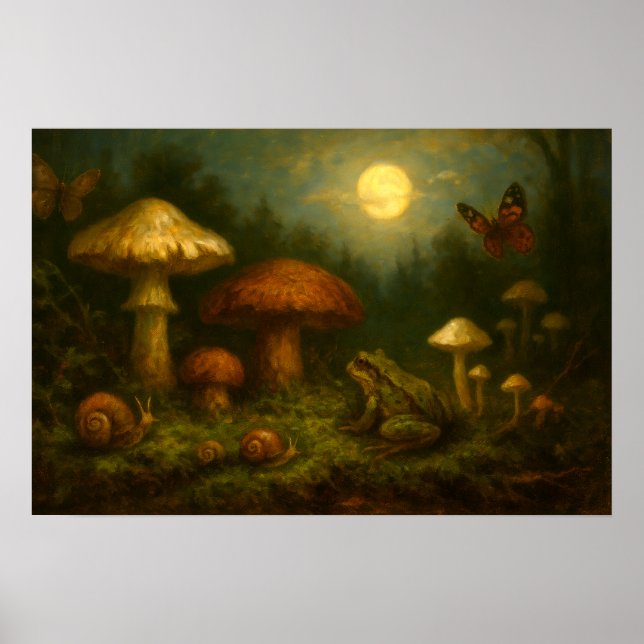 Affiche Goblincore Mushrooms, Snails & Frog In Moonlight (Devant)