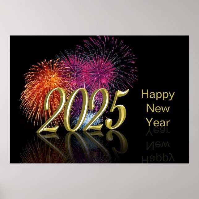 Affiche Gold 2025 Fireworks Bonne année (Devant)