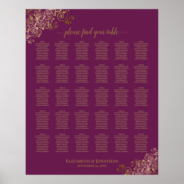 Affiche Gold 30 Table Wedding Seating Chart Cassis Purple (Devant)