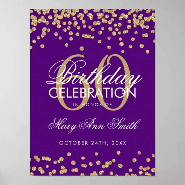 Affiche Gold 60th Birthday Glitter Confetti Purple (Devant)