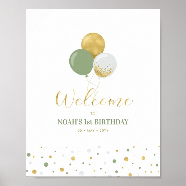 Affiche Gold and Sage Balloons Boy 1st Birthday Welcome (Devant)