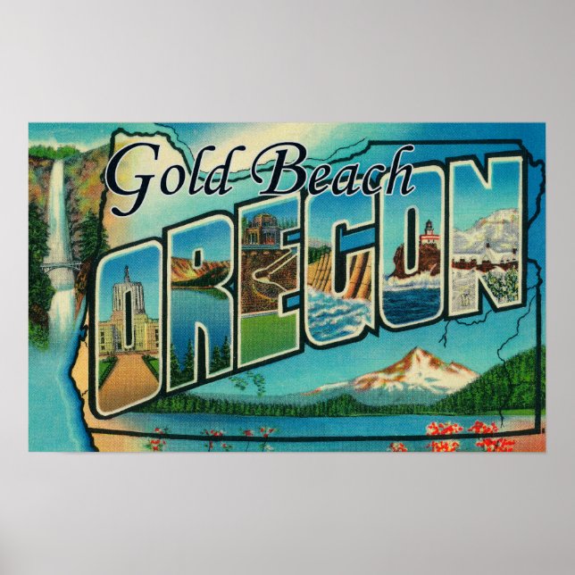Affiche Gold Beach, Oregon - Grandes Scènes de lettres (Devant)