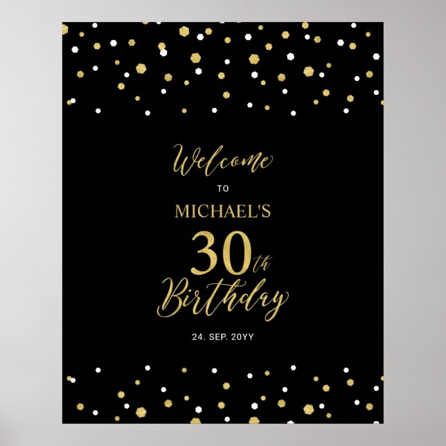 Affiche Gold & Black Confetti 30e anniversaire fête Bienve (Devant)