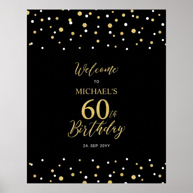 Affiche Gold & Black Confetti 60e fête d'anniversaire Bien (Devant)