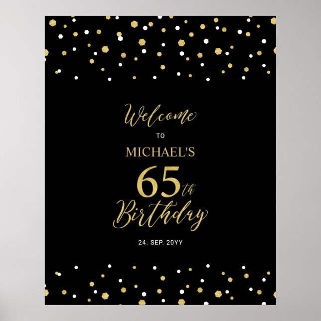 Affiche Gold & Black Confetti 65e anniversaire fête Bienve (Devant)