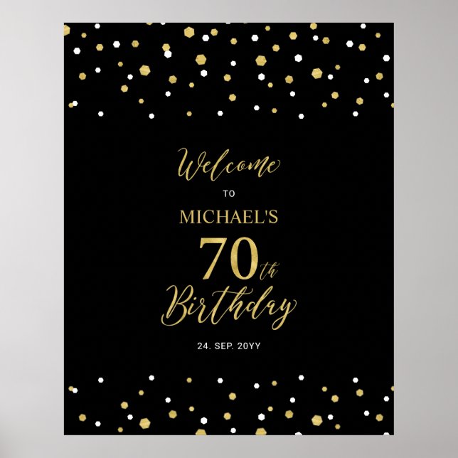 Affiche Gold & Black Confetti 70e fête d'anniversaire Bien (Devant)