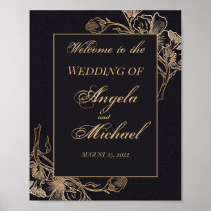 Affiche Gold Black Faux Metallic Floral Design Mariage