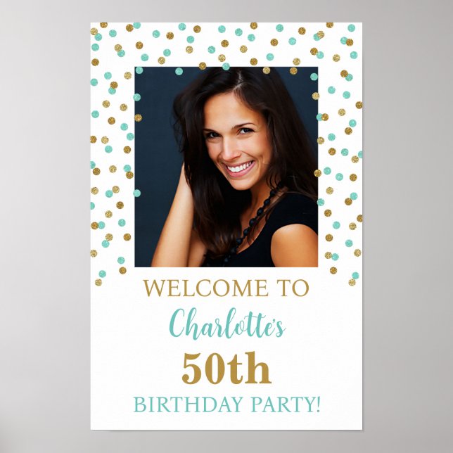 Affiche Gold Blue Anniversaire Party Custom 12x18 Photo (Devant)