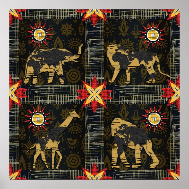 Affiche Gold Blue Red Safari Carte du monde Animaux africa (Devant)