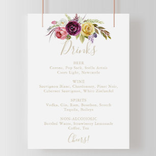 Affiche Gold Boho Tropical Floral Mariage Boissons Menu Si