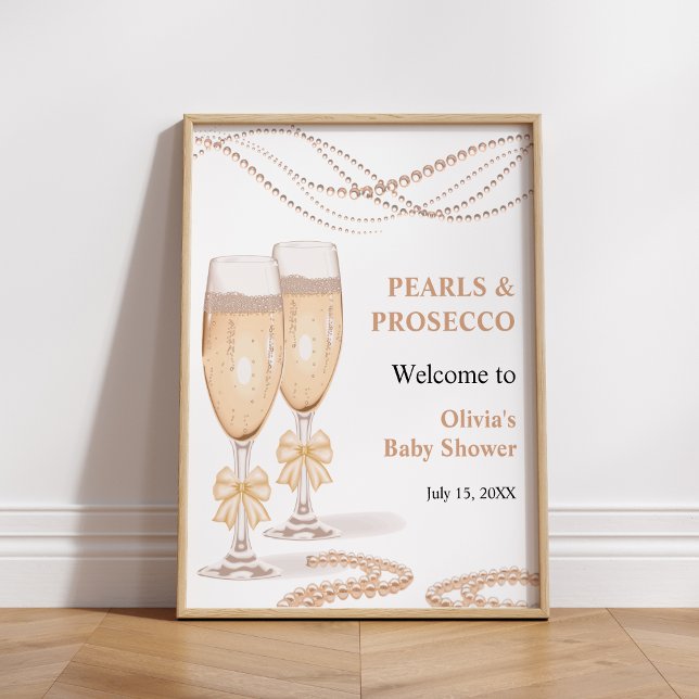 Affiche Gold Bow Pearls and Prosecco Bridal Shower Welcome (Gold Bow Pearls and Prosecco Bridal Shower Welcome Sign )