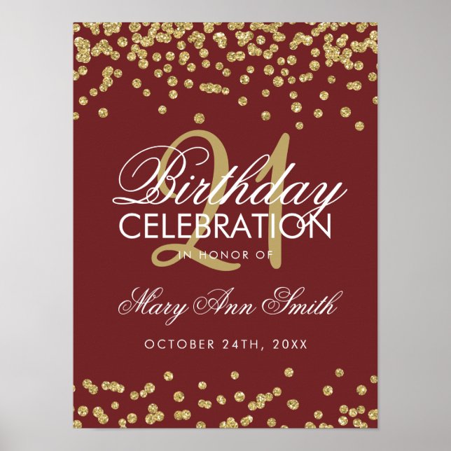 Affiche Gold Burgundy Parties scintillant Confetti 21e ann (Devant)