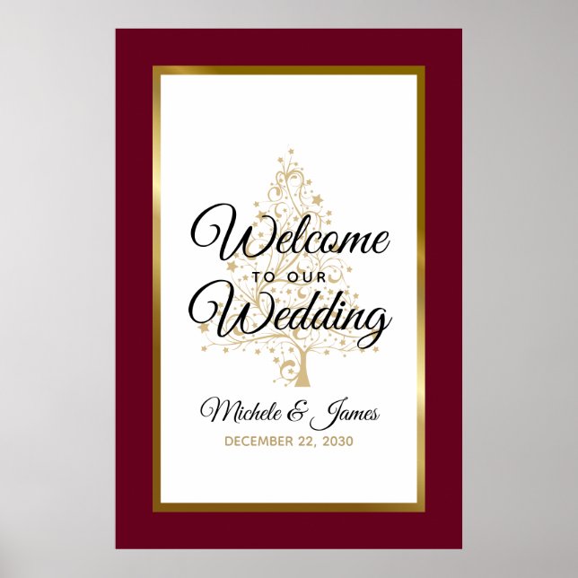 Affiche Gold Burgundy Winter Holiday Mariage Bienvenue (Devant)