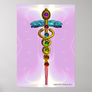 Affiche GOLD CADUCEUS 7 CHAKRAS,Yoga,Medical Light Pink
