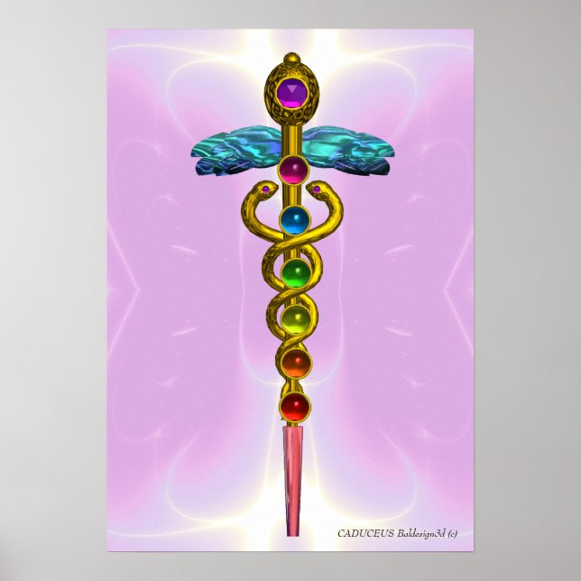 Affiche GOLD CADUCEUS 7 CHAKRAS,Yoga,Medical Light Pink (Devant)