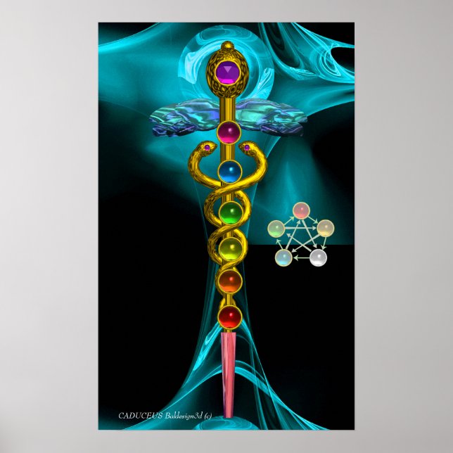 AFFICHE GOLD CADUCEUS AND 7 CHAKRAS IN BLUE FRACTAL ROSE (Devant)