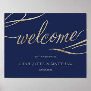 Affiche Gold Calligraphy Marine Blue Welcome Mariage Poste