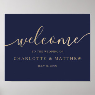 Affiche Gold Calligraphy Marine Blue Welcome Mariage Poste