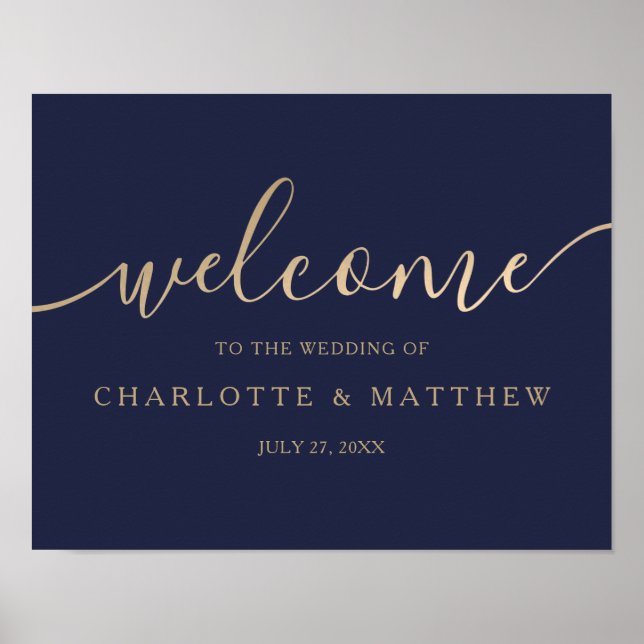 Affiche Gold Calligraphy Marine Blue Welcome Mariage Poste (Devant)