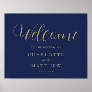 Affiche Gold Calligraphy Marine Blue Welcome Mariage Poste