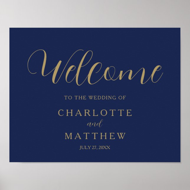 Affiche Gold Calligraphy Marine Blue Welcome Mariage Poste (Devant)