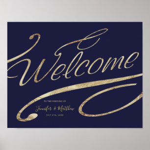 Affiche Gold Calligraphy Marine Blue Welcome Mariage Poste