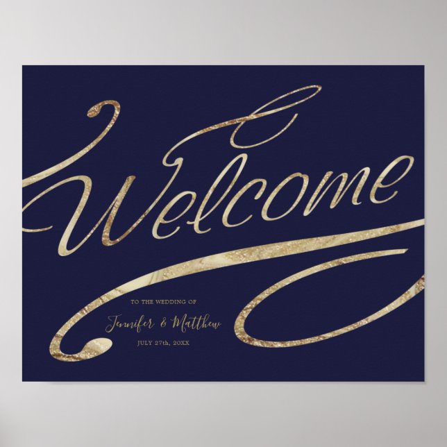 Affiche Gold Calligraphy Marine Blue Welcome Mariage Poste (Devant)