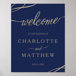 Affiche Gold Calligraphy Marine Blue Welcome Mariage Poste