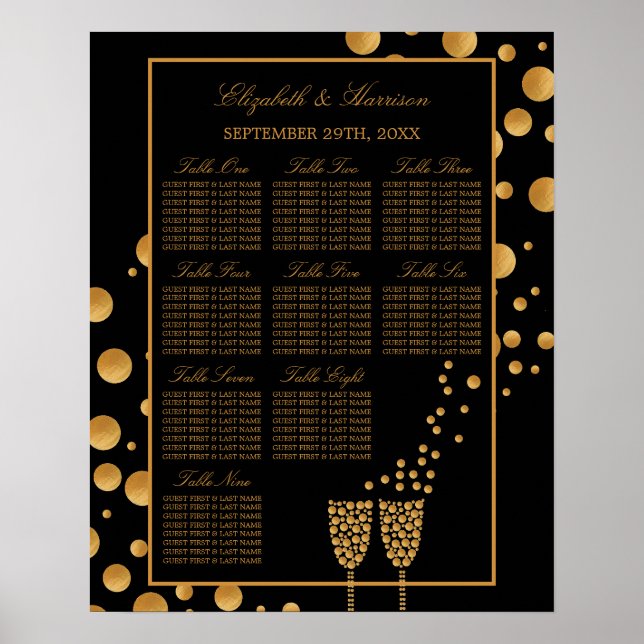 Affiche Gold Champagne Bubbles, Black & Gold Seating Chart (Devant)