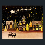 Affiche Gold Christmas Village Deer Winter Night<br><div class="desc">La nuit de Noël parfaite avec des rennes,  prendre l'avion et tirer le long de Père Noël et son traîneau. Ci-dessous,  un village attend avec impatience l'arrivée de St. Nick.</div>