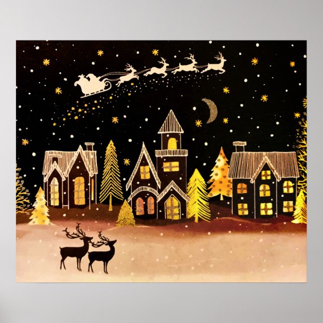 Affiche Gold Christmas Village Deer Winter Night (Devant)