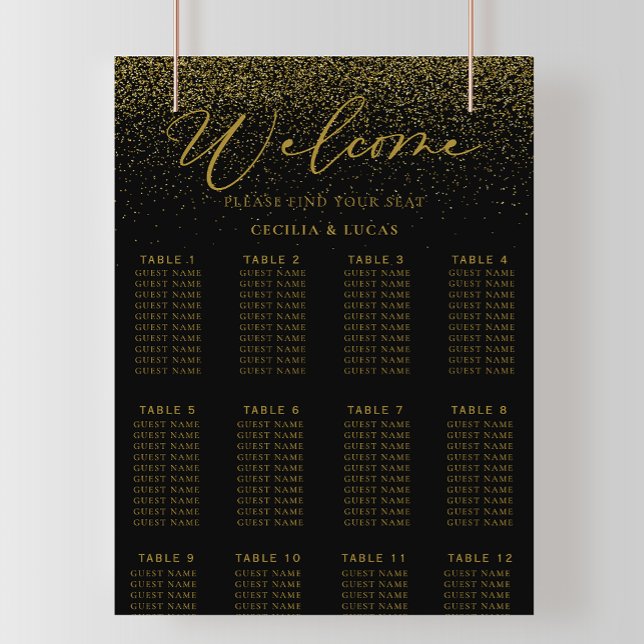 Affiche Gold Confetti Boho Black Wedding Seating Chart (Créateur téléchargé)