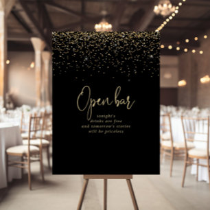 Affiche Gold Confetti Fancy Script Wedding Open Bar Sign